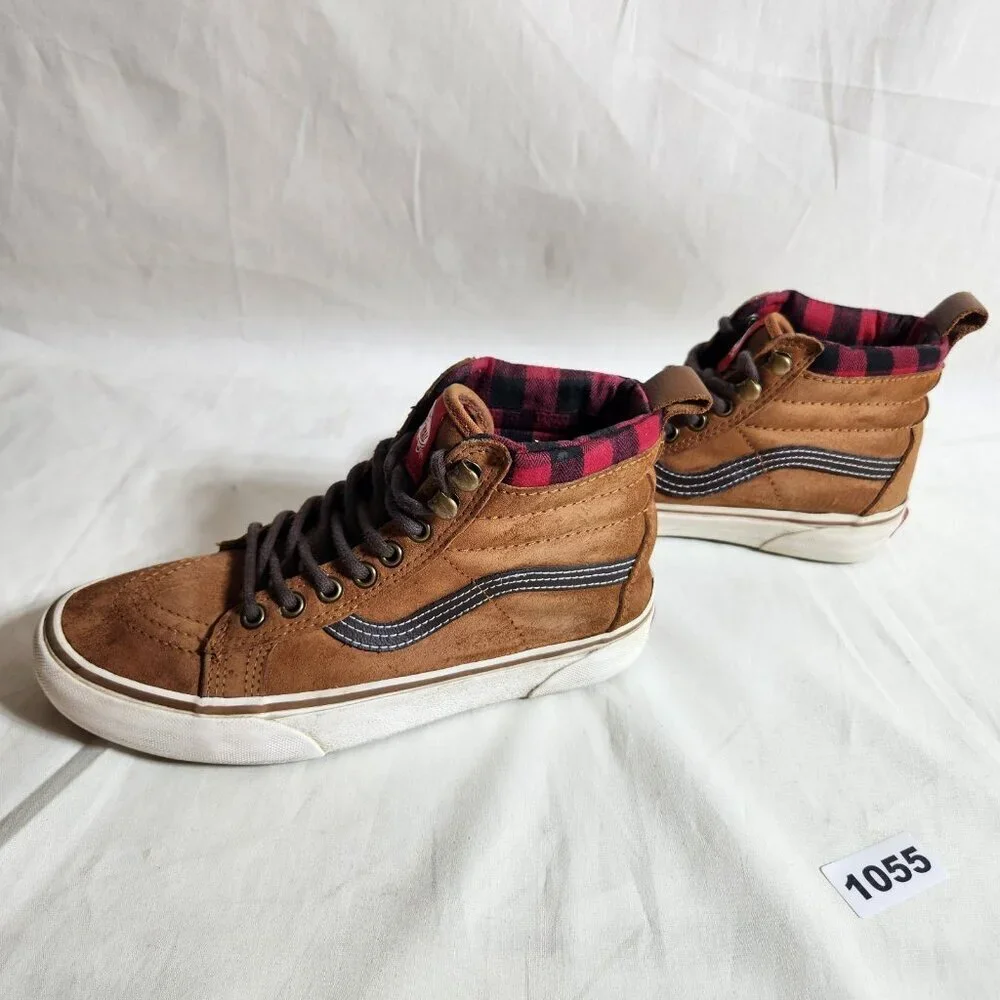 Vans Off the Wall Mens 5 Women 6.5 Brown Suede Skate Sneakers Red Black Plaid